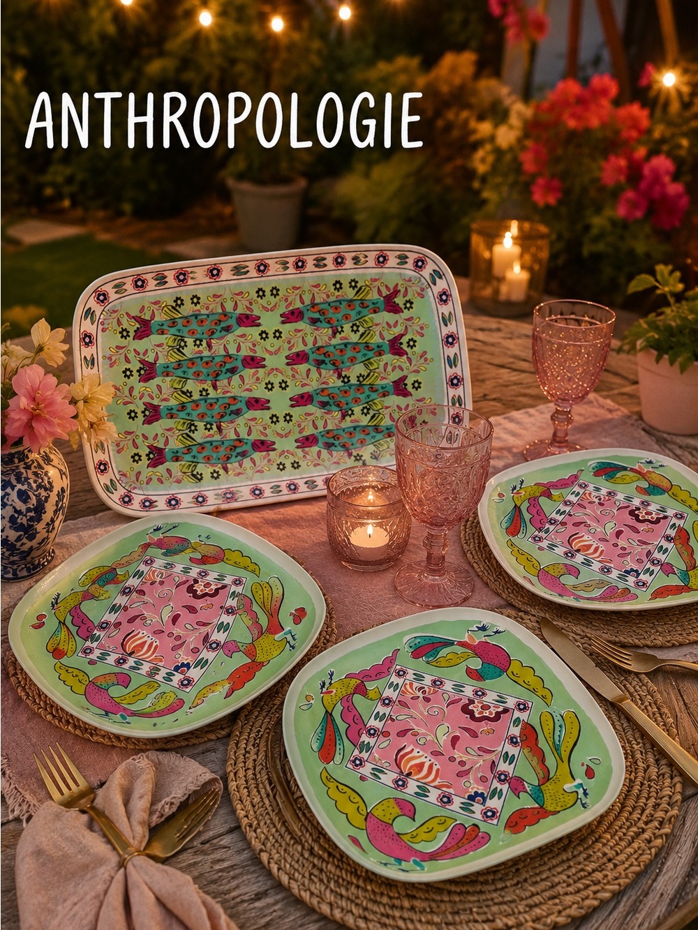 Anthropologie x Alexandra Farmer Melamine Sardine Platter & 3 Plates Set NEW